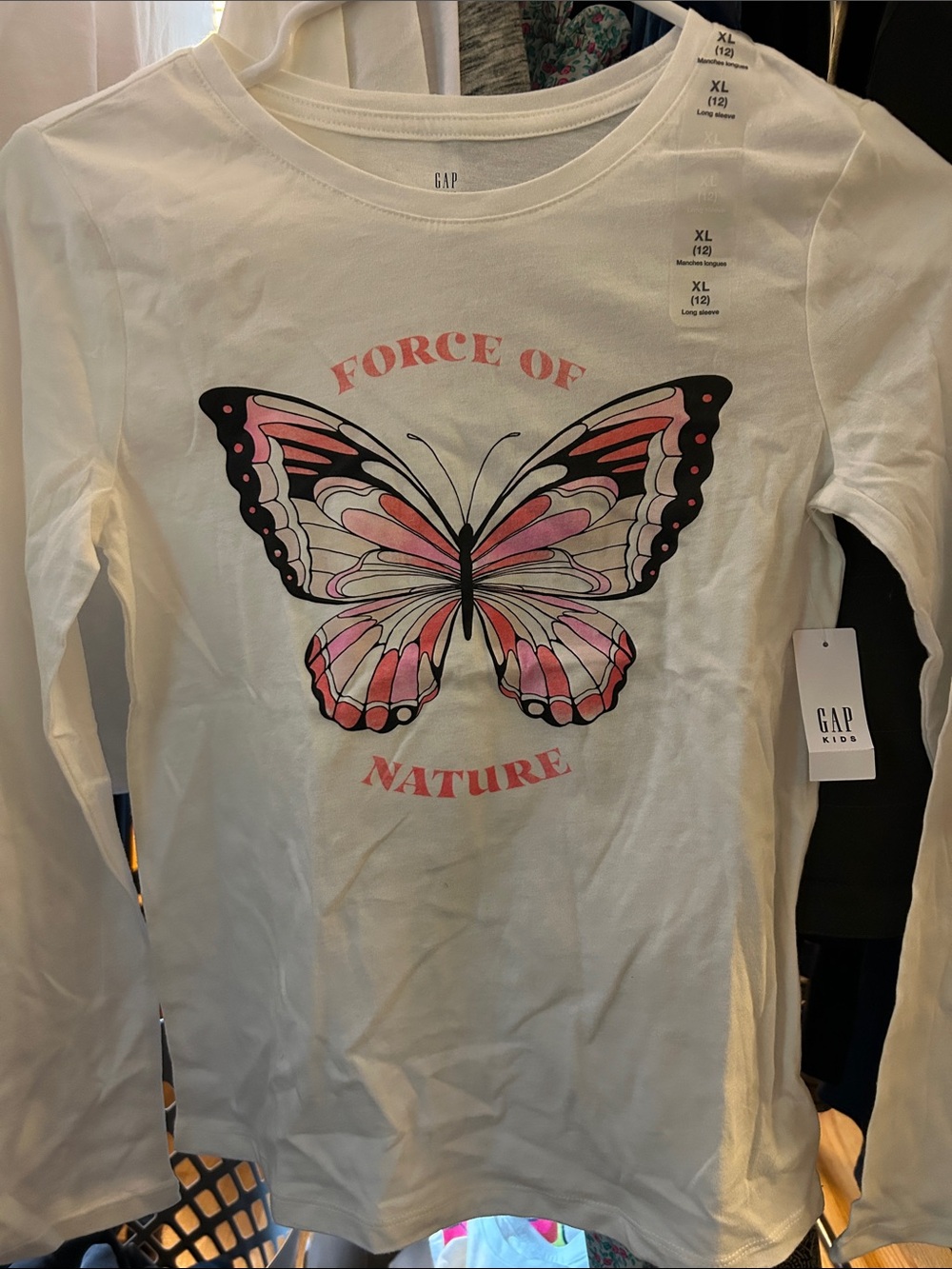 GAP White Long-Sleeve Tee with Pink Butterfly Graphic